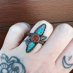 Vintage Native Turquoise and Coral Inlay Ring